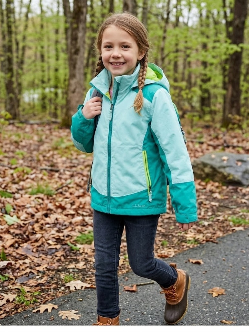 L.L. Bean Kids Teal and Lime Green Raincoat